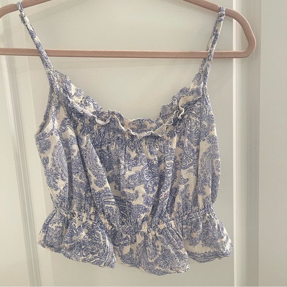 Olivaceous Tops - Olivaceous Blue & White Ruffled Smocked Paisley Cami